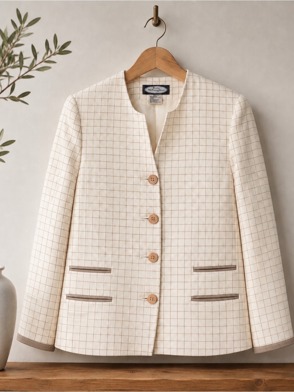 Cream Windowpane-Check Collarless Blazer